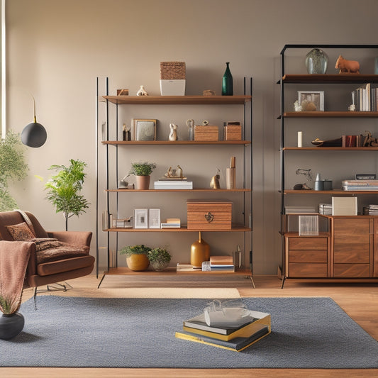 A modern living room with a partially built custom shelving unit, featuring wooden planks, metal brackets, and decorative vases, surrounded by design plans, pencils, and a measuring tape.