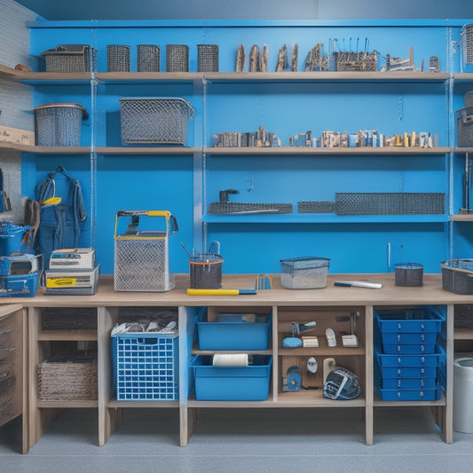 A clutter-free deck building workshop with a pegboard displaying organized tool holders, a wooden cabinet with drawers, and a rolling metal cart with labeled bins, surrounded by a few scattered deck boards and tools.