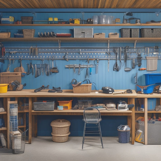 A well-organized small garage workshop with a central workbench, pegboard-covered walls, and a slatwall with baskets and hooks, surrounded by a foldable worktable, shelving units, and a compact tool chest.