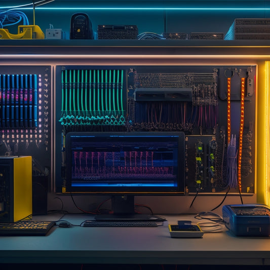 A sleek, modern workstation with a pegboard backdrop, featuring a array of colorful cables and wires neatly organized using futuristic-looking clips and hooks, illuminated by a soft, warm light.