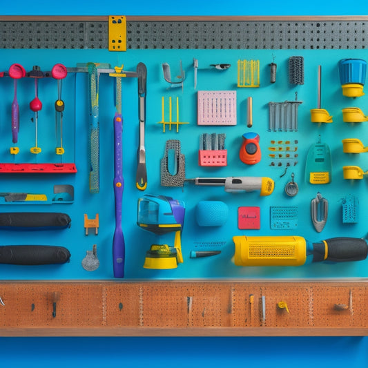 A colorful, well-organized pegboard with various tool holders, hooks, and bins, surrounded by a mix of power tools, hand tools, and accessories, against a clean, light-gray background.