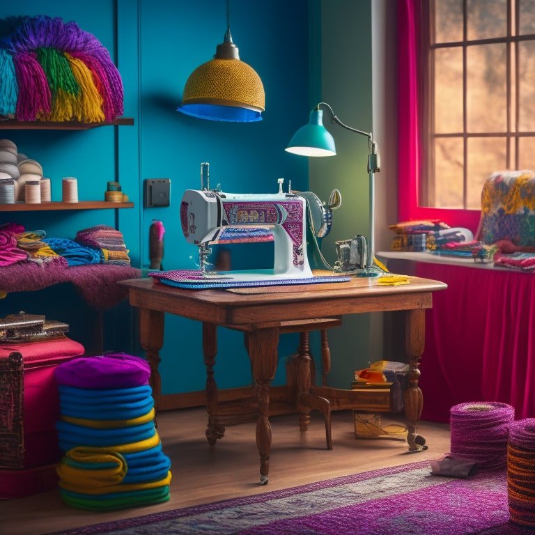 A colorful, well-lit sewing machine station with various presser feet arranged around it, surrounded by swatches of different fabrics, threads, and a few half-finished sewing projects.