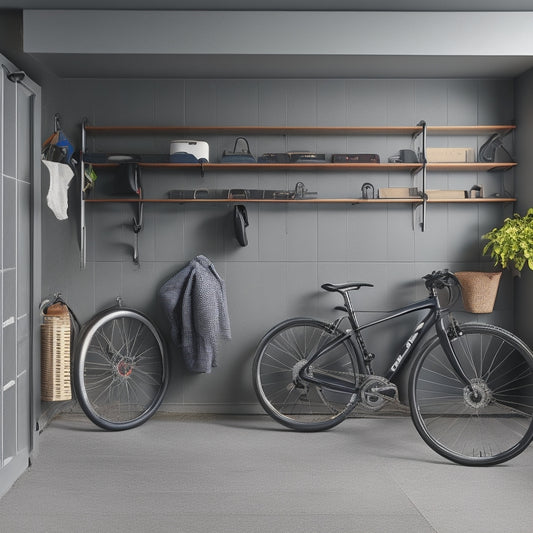 A clutter-free garage with a large, dark-gray metal hook holding a bicycle, surrounded by organized storage bins, tools, and accessories, against a light-gray concrete wall with a subtle texture.