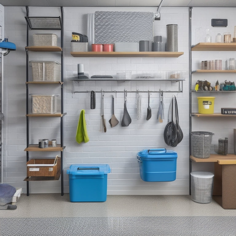 A well-organized garage with a slatwall featuring hooks, bins, and baskets, a pegboard with hanging tools, and a shelving unit with labeled storage containers, all set against a clean, gray concrete floor.