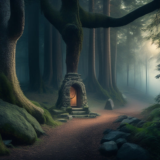 A serene, misty forest background with a winding stone path leading to a ancient, gnarled tree, surrounded by lanterns, with a pair of headphones and a microphone nestled in its roots.