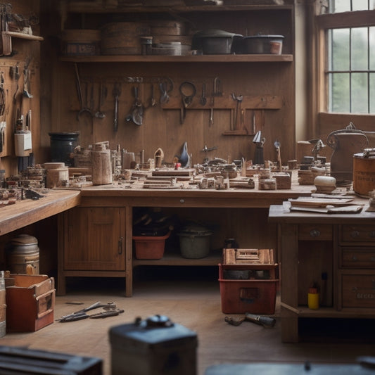 A clutter-free workshop with a wooden workbench, surrounded by neatly arranged parts trays in various sizes, with small tools and mechanical components organized within, bathed in soft, warm lighting.