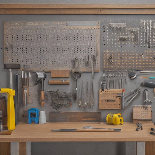 A pegboard mounted on a wooden wall, with various tools and accessories organized by category, surrounded by a small workbench and a few scattered screws and bolts.