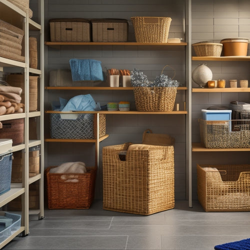 A tidy, well-lit storage room with three shelves in the background, each featuring a distinct bin style: woven baskets, clear plastic containers, and metal mesh bins, all filled with various household items.