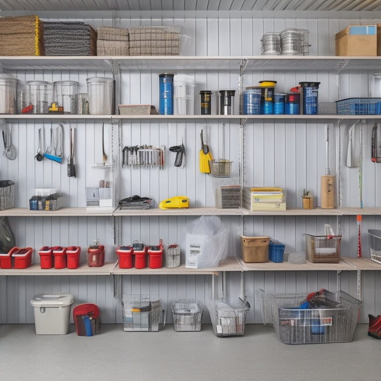 A clutter-free garage with sleek, labeled bins stacked vertically on metal shelving, interspersed with hooks holding tools and baskets containing neatly coiled cords and hoses.