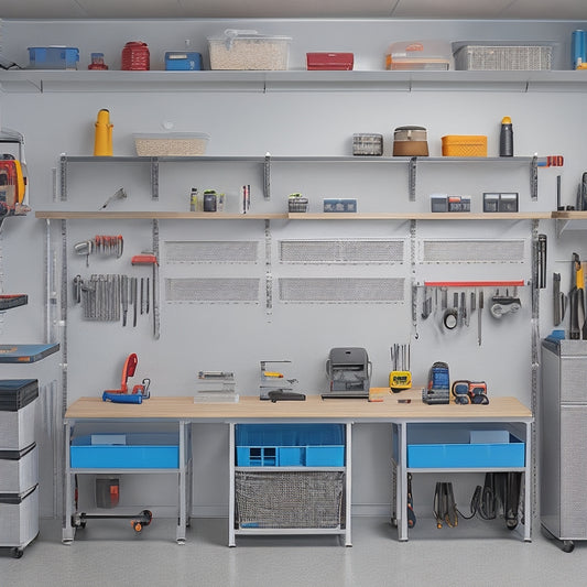 A well-organized garage with a sleek, modern Makerwall Workshop system featuring various tools and accessories on pegboards, sliding bins, and a large workbench with a vice, all set against a clean, gray background.