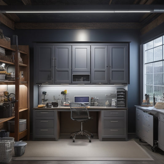 A sleek, modern power workstation hutch with a stainless steel frame, surrounded by a clutter-free workshop with neatly organized tools and a few futuristic gadgetry in the background, bathed in soft, warm lighting.