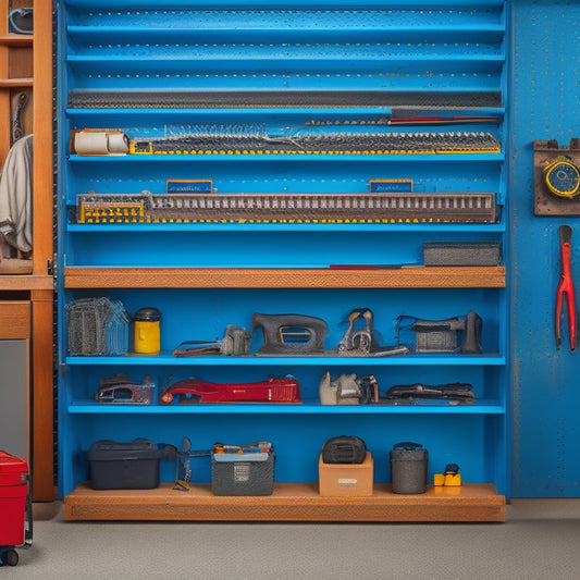 A clutter-free garage with a pegboard displaying neatly organized wrenches, pliers, and screwdrivers, accompanied by labeled bins and a rolling toolbox with open drawers revealing stacked tool trays.