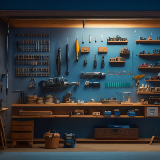 A well-lit, modern workshop with a pegboard covering an entire wall, showcasing a variety of tools and accessories neatly organized and hung from hooks, bins, and holders of different shapes and sizes.