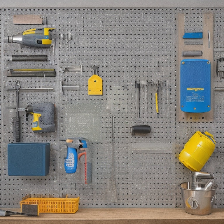 A pegboard with various tools and accessories hung on it, surrounded by a workshop or garage background, with a level, drill, and screws laid out in the foreground, and a faint grid pattern in the background.