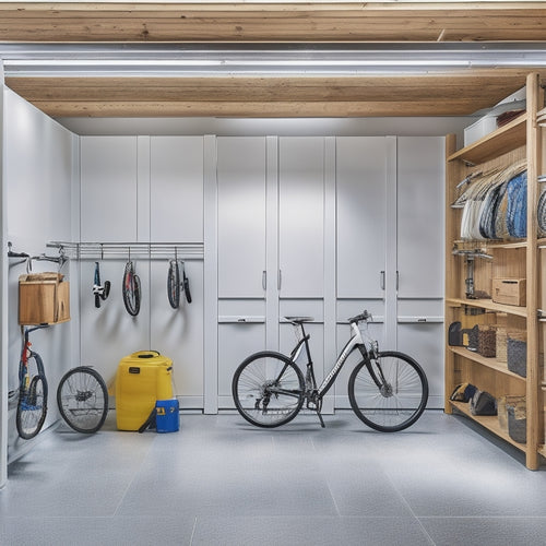 A sleek, modern garage with cream-colored walls, epoxy-coated floor, and polished chrome fixtures, featuring modular organizers in a warm wood tone, with neatly stored tools, bicycles, and sports equipment.