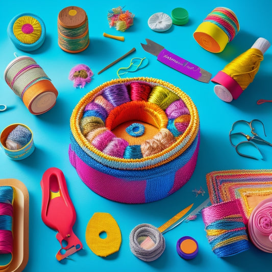 A whimsical illustration of a colorful, overflowing craft box surrounded by threads, fabric scraps, and vinyl cutouts, with a few loose embroidery hoops and scissors scattered around, set against a bright, sunny background.