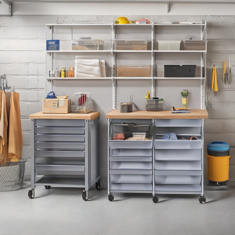 A clutter-free garage with a sleek, three-tiered storage cart featuring labeled drawers, holding various tools, alongside a Pegboard with hooks and bins, against a clean, gray concrete background.