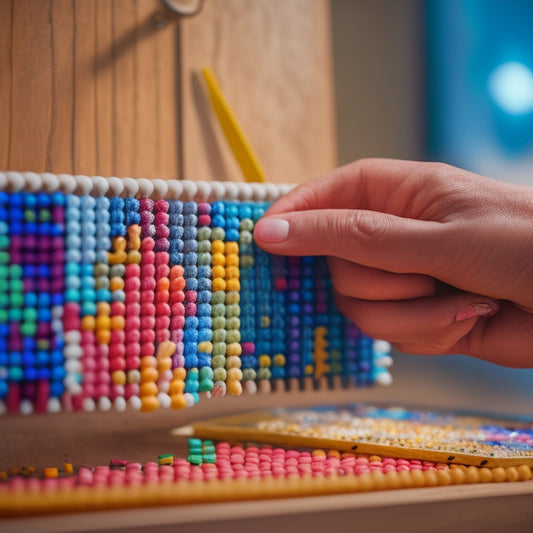 A close-up of a person's hands holding a pegboard with variously sized and colored pegs, with a few pegs scattered around the board, and a subtle background blur.