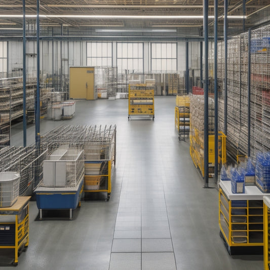 A tidy factory floor with organized workstations, labeled bins, and color-coded pipes, surrounded by minimal waste and optimized machinery, with a subtle background of a Japanese-inspired grid pattern.