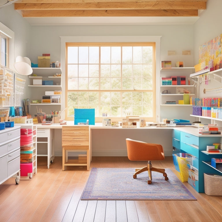 A bright, airy craft room with a large, wooden worktable at its center, surrounded by sleek, white storage units and shelves, adorned with colorful art supplies and decorative accents.