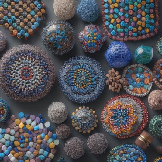 A vibrant, symmetrical mosaic of fuse beads in various shapes and sizes, arranged in intricate patterns and swirling shapes, against a contrasting dark background, with subtle shadows and highlights.