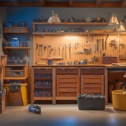 A well-lit, organized workshop with a central, wooden tool chest adorned with metal latches and handles, surrounded by neatly arranged hand tools, power tools, and storage bins on pegboard walls.