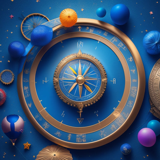 Illustrate a stylized compass with glowing blue lines and a subtle grid background, surrounded by colorful event icons, such as balloons, confetti, and calendar symbols, in a circular formation.