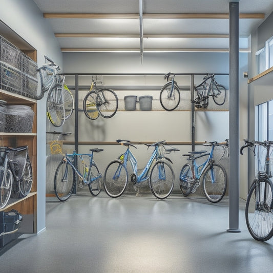 A well-lit, clutter-free garage with 3-4 bikes suspended from the ceiling, a wall-mounted bike rack, and a few bikes standing upright on a sleek, gray floor, surrounded by organized storage bins.