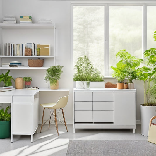 A clutter-free, modern workspace with a sleek, white desk, a minimalist chair, and a few, carefully-placed, colorful storage bins and baskets, amidst a calm, natural background with plenty of greenery.