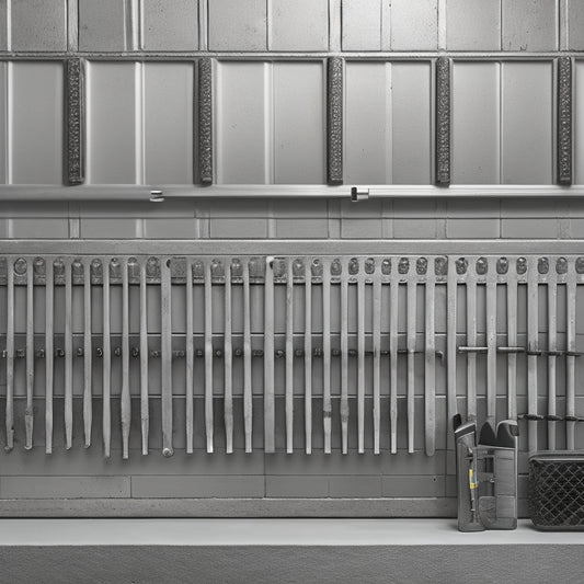 A modern workshop with a sleek, silver hex wrench holder mounted on a gray concrete wall, holding six wrenches of varying sizes in a neat, organized row.