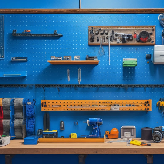 A clutter-free workshop with a pegboard featuring neatly organized tools and a key storage board with labeled hooks, surrounded by a toolbox, wire reels, and a roll of electrical tape.