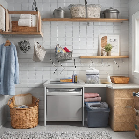 A tidy, gray-toned laundry room with a custom pegboard installed on a wall, showcasing a mix of stainless steel hooks, baskets, and bins holding various laundry essentials and accessories.
