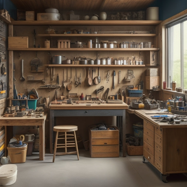 A clutter-free small workshop with a wooden workbench, surrounded by neatly organized tool storage solutions: pegboards, cabinets, and bins, with various tools and equipment visible but not overwhelming.