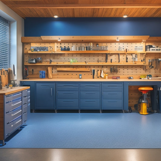 A clutter-free garage with a sleek, gray epoxy floor, organized pegboard, and a large wooden workbench with a vice, surrounded by well-lit cabinets and a comfortable, cushioned stool.