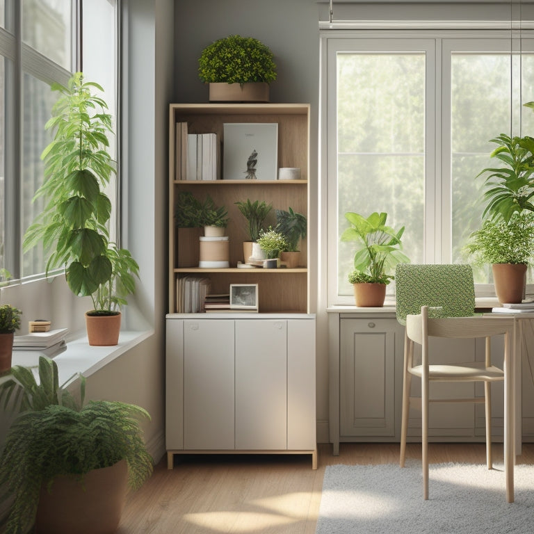 A tidy, minimalist room with a compact hanging storage cabinet in a soft, calming color, suspended above a clutter-free desk, surrounded by potted plants and natural light streaming through a window.