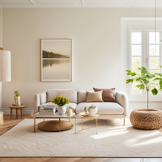 A serene, minimalist living room with a few, carefully curated decorative pieces, a plush area rug, and a statement light fixture, surrounded by creamy white walls and plenty of natural light.