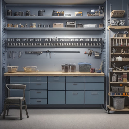 A well-lit, clutter-free workshop with a pegboard covered in neatly arranged tools, a labeled cabinet with categorized drawers, and a rolling cart with stacked storage bins, all against a clean, gray concrete background.
