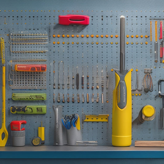 A pegboard with a DuraHook Multi-Ring Tool Holder, holding various tools in a neat and organized manner, with shadows and highlights to emphasize the product's functionality and durability.