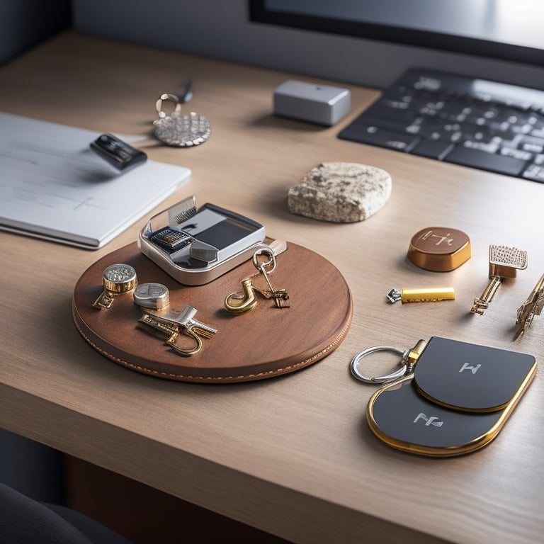 A clutter-free, minimalist desk with a small, circular key holder attached to the edge, containing 5-7 assorted keys, alongside a compact, wall-mounted key organizer with 10 hooks.