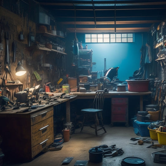 A cluttered, dimly lit garage workshop with a workbench overwhelmed by scattered tools, half-finished projects, and dusty storage bins, with a small, frustrated figure in the background, surrounded by chaos.