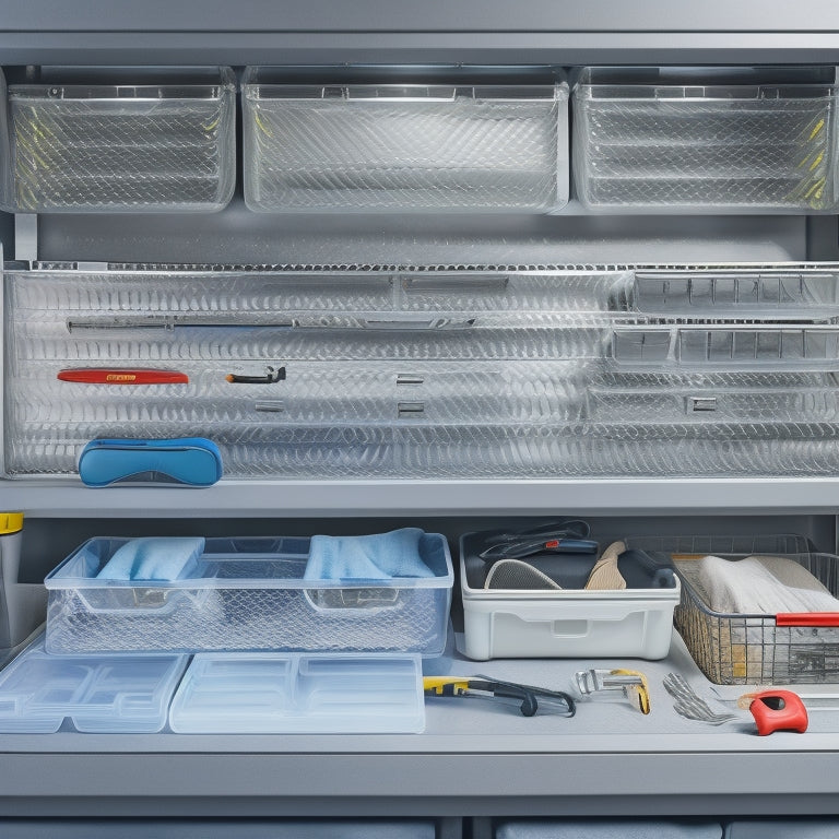 A clutter-free garage with a row of sleek, gray tool organizer boxes with clear plastic drawers, filled with neatly arranged wrenches, pliers, and screwdrivers, against a bright, white background.