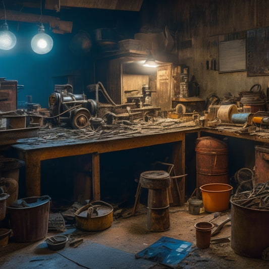 A dimly lit, cramped workshop with scattered tools, tangled wires, and rusty machinery, surrounded by piles of broken projects, old newspapers, and forgotten coffee cups, with a sense of stagnation and disorganization.