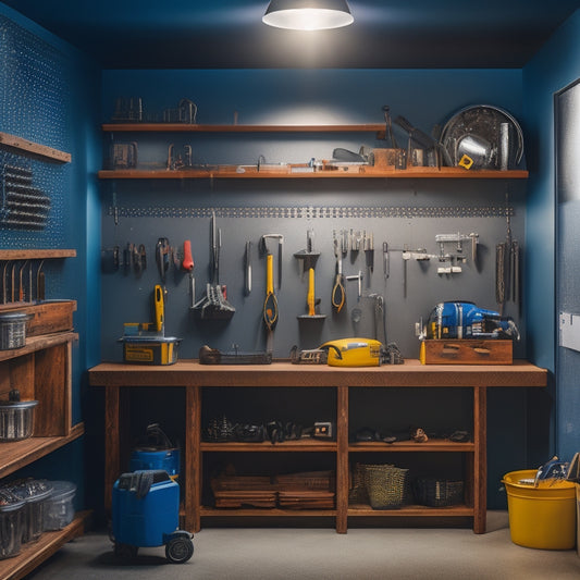 A well-lit, modern garage workshop with a sleek metal pegboard on the wall, adorned with various tool holders and hooks, showcasing a organized storage system with a few strategically placed tools.