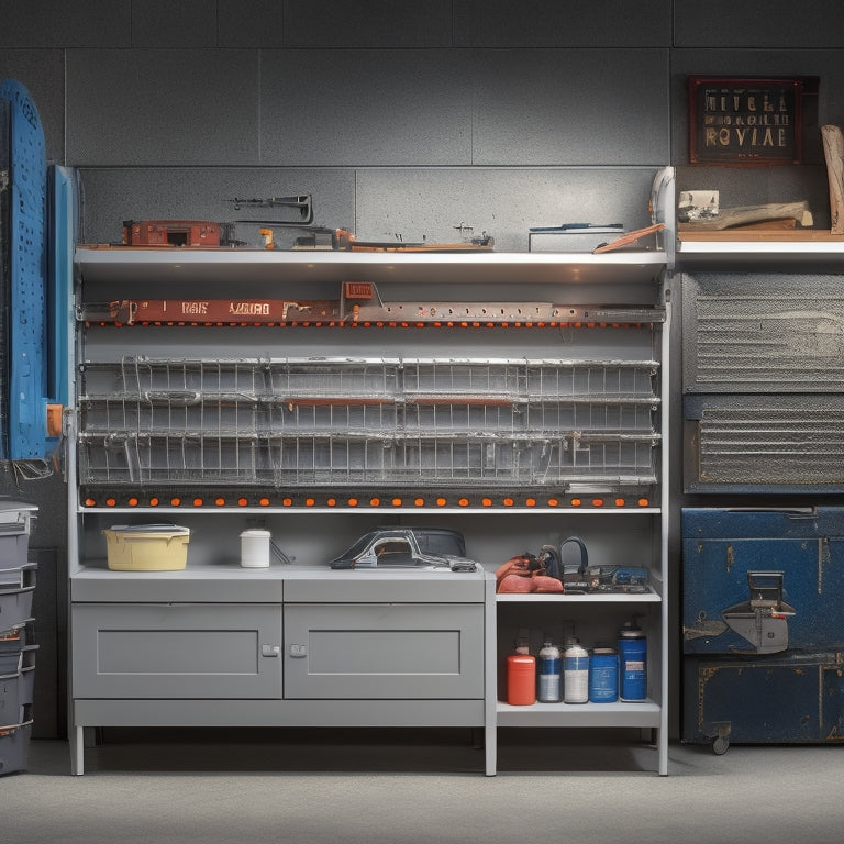 A clutter-free workshop with neatly organized toolboxes, a pegboard with hung wires and pliers, and a rolling cabinet with labeled drawers, set against a clean, gray concrete background.