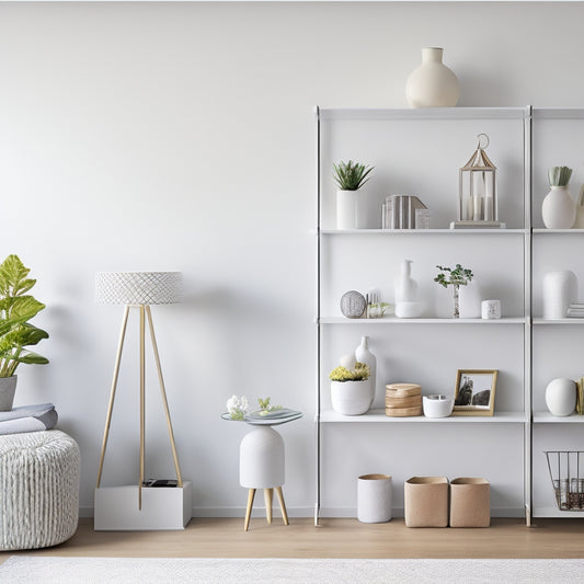 An image of a compact, modern living room with a sleek, white wall-mounted shelving unit featuring three tiers, each holding a few decorative items, against a light gray background.