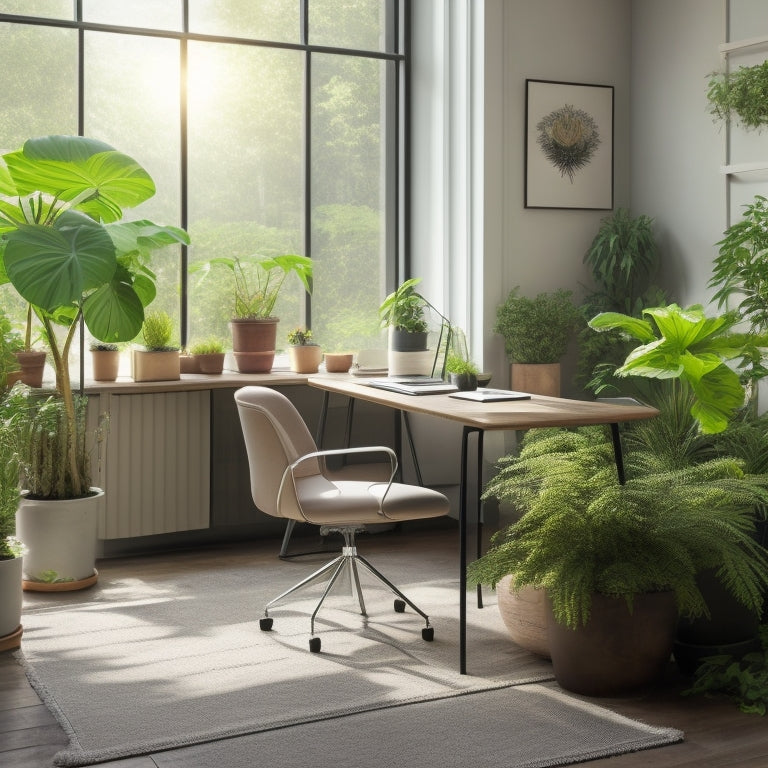 A serene office space with a tidy desk, labeled files, and a minimalist whiteboard, surrounded by potted plants and a few strategically placed ergonomic chairs, bathed in soft, natural light.