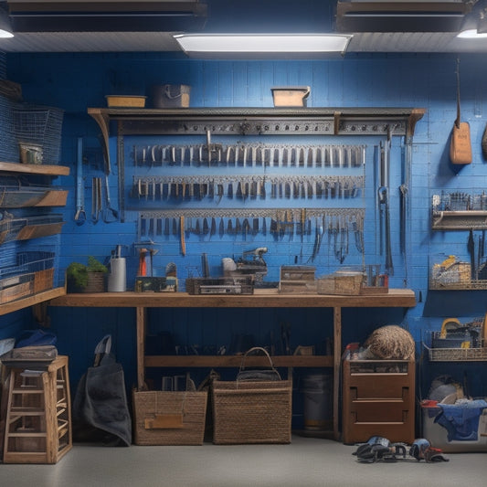 A well-lit, clutter-free garage workshop with a large metal pegboard on the wall, holding an assortment of neatly organized tools, baskets, and hooks, with a few wrenches and pliers hanging from pegs.