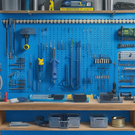 A clutter-free pegboard with various HVAC tools and accessories organized in a logical and visually appealing way, including a cordless drill holder, socket set, and wire management system.