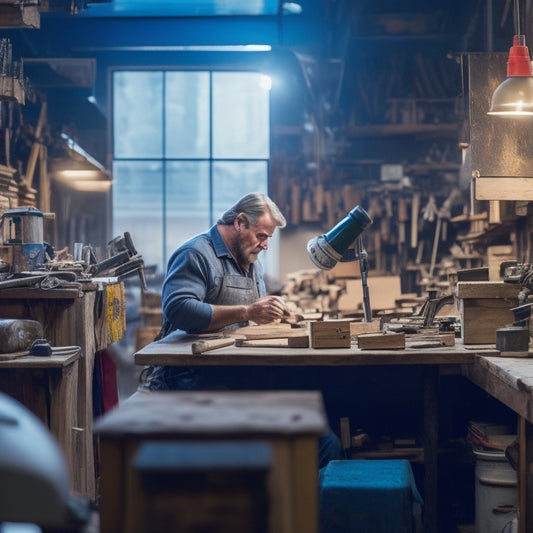 A cluttered woodworking shop with scattered tools, half-finished projects, and a frazzled woodworker in the background, contrasted with a clean, organized workspace in the foreground, featuring a tablet with a productivity app open.