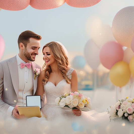 A whimsical illustration of a newlywed couple, surrounded by confetti and flowers, holding a tablet with a digital registry on the screen, amidst a soft, golden light and pastel-colored balloons.